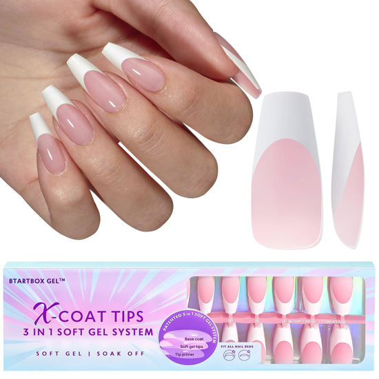 Picture of BTArtboxnails French Gel Nail Tips - French Tip Press on Nails Pink Medium Coffin XCOATTIPS Pre-applied Tip Primer & Base Coat, No Need to File Fake Nails for Nail Art DIY