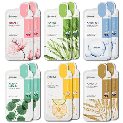 Picture of Mediheal Sheet Mask New Essential HERO 12 pack (Collagen, Tea Tree, Placenta, Madecassoside, Vita, Watermide)| Korean Skincare Facial Sheet Mask Combo, Moisturizing, Soothing and for Blemishes