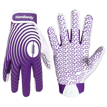 Picture of HANDLANDY Football Gloves Youth, Sticky Kids Receiver Gloves for Boys Girls, Stretch Fit Flag Football Gloves (White and Purple, Large)