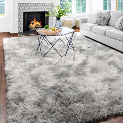 Picture of Amdrebio Tie-Dyed Light Grey Runner Rug for Bedroom, Fluffy Furry Area Rug for Living Room, Modern Shag Indoor Rug for Kids Room, Shaggy Fuzzy Carpet, Plush Throw Rug for Dorm Classroom, 3x5 Rug