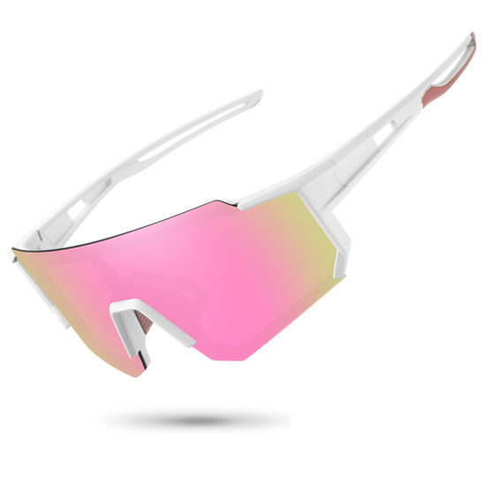 Picture of STORYCOAST Polarized Sports Sunglasses for Men Women,Driving Fishing Cycling Mountain Bike Sunglasses UV400 Protection White Frame-Pink Mirror Lens