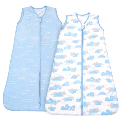 Picture of TILLYOU Sleep Sack - Cotton Wearable Blanket Baby 2-Pack Set, Fits Babies Age 6-12 Months, Blue Clouds