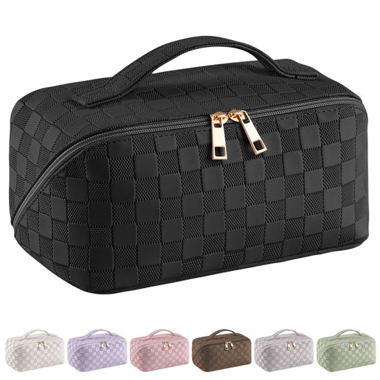 Picture of SFXULIX Large Capacity Travel Cosmetic Bag - Makeup Bag, PU Leather Waterproof Cosmetic Bag, Women Portable Travel Makeup Bag With Handle and Divider Flat Lay Makeup Organizer Bag (Z1-Black)