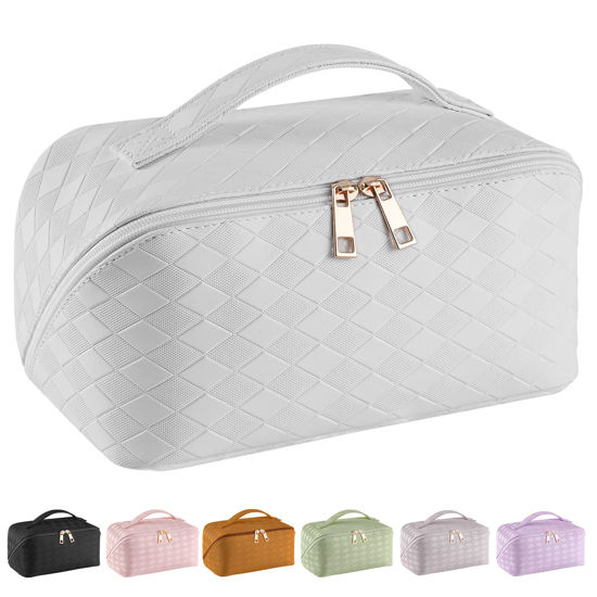 Picture of SFXULIX Large Capacity Travel Cosmetic Bag - Makeup Bag, PU Leather Waterproof Cosmetic Bag, Women Portable Travel Makeup Bag With Handle and Divider Flat Lay Makeup Organizer Bag (Z2-White)