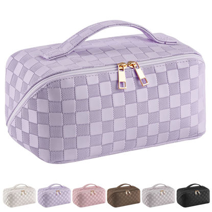 Picture of SFXULIX Large Capacity Travel Cosmetic Bag - Makeup Bag, PU Leather Waterproof Cosmetic Bag, Women Portable Travel Makeup Bag With Handle and Divider Flat Lay Makeup Organizer Bag (Z1-Purple)