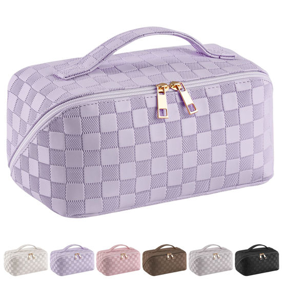 Picture of SFXULIX Large Capacity Travel Cosmetic Bag - Makeup Bag, PU Leather Waterproof Cosmetic Bag, Women Portable Travel Makeup Bag With Handle and Divider Flat Lay Makeup Organizer Bag (Z1-Purple)