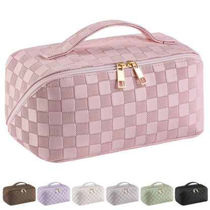 Picture of SFXULIX Large Capacity Travel Cosmetic Bag - Makeup Bag, PU Leather Waterproof Cosmetic Bag, Women Portable Travel Makeup Bag With Handle and Divider Flat Lay Makeup Organizer Bag (Z1-Pink)