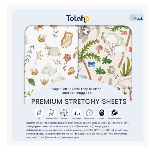 Picture of TotAha Crib Sheets for Boys Girls, Premium Soft Crib Mattress Fitted Sheet, Super Stretchy Jersey Knit Baby Sheets, Silky Comfort Baby Bed Sheets 28x52x9 Extra Deep Pocket, 2 Pack (Happy Zoo & Jungle)