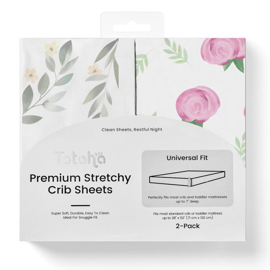 Picture of TotAha Premium Stretchy Crib Sheets (2-Pack)-Hypoallergenic, Silky Comfort, Buttery Soft, Calming Effect, All-Season Jersey-Knit Sheets, 9'' Extra Deep Pocket (Pink Buds & Green Leaves)