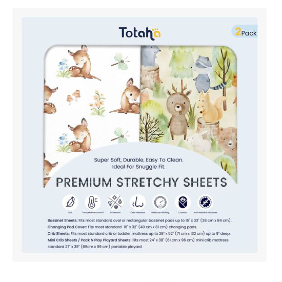 Picture of TotAha Premium Stretchy Crib Sheets (2-Pack)-Hypoallergenic, Silky Comfort, Buttery Soft, Calming Effect, All-Season Jersey-Knit Sheets, 9'' Extra Deep Pocket, Forest Bear & Cute Deer