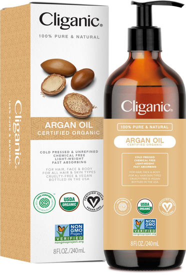 Picture of Cliganic Organic Argan Oil 8oz with Pump, 100% Pure - for Hair, Face & Skin