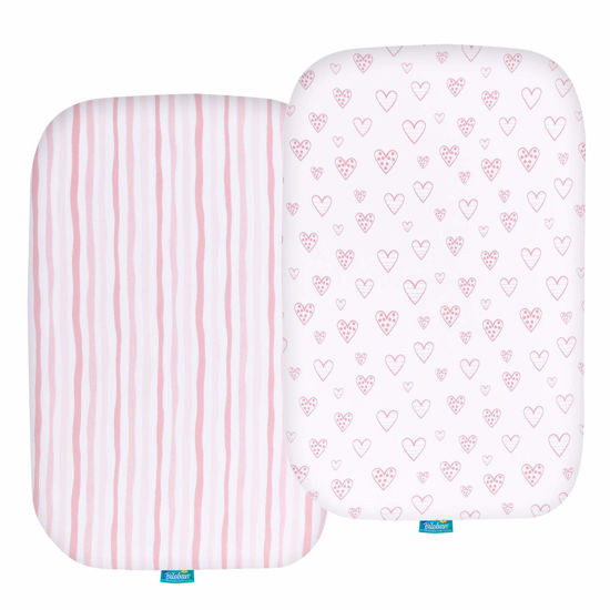 Picture of Bassinet Sheets Compatible with ANGELBLISS Baby Bassinet, Koolerthings (3 in 1) Baby Bassinet, Pamo Babe and Ihoming Bedside Bassinet, 2 Pack, 100% Jersey Cotton, Breathable and Soft, Pink Print