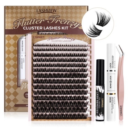 Picture of LASHVIEW Diy Lash Extension Kit, DIY Cluster Lashes Kit, 10-16mm Multilayered Cluster Eyelash Extensions, Reusable Fluffy Individual Lashes Cluster(CW43-KTIT)