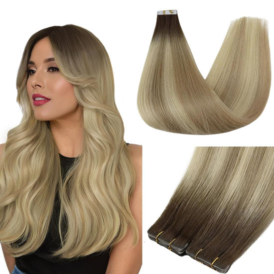 Picture of Full Shine Injected Tape in Hair Extensions 5Pcs Virgin Injection Tape in Extensions Color 2 Brown Fading to 18 Ash Blonde And 22 Seamless Tape in Human Hair 16 Inch Hair Extensions Tape in 10Gram