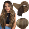 Picture of Full Shine Brown Balayage Tape in Human Hair Extensions 12 Inch Tape in Hair Extensions Rooted Tape Ins Color 2/3/27 Dark Brown To Honey Blonde Mixed Brown Tape in Balayage Hair 30 Gram 20 Pcs