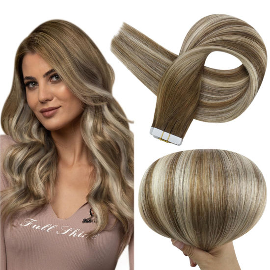 Picture of Full Shine Ombre Tape in Hair Extensions Human Hair 12 Inch Blonde Seamless Tape in Extensions 6/60/6 Brown Ombre to Blonde Highlighted Light Blonde Double Sided Hair Extensions 30 Gram 20pcs Natural