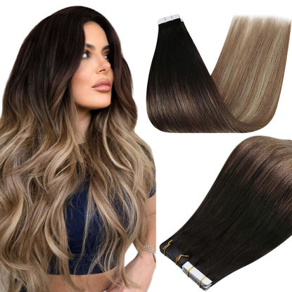 Picture of Full Shine Hair Extensions Tape in Human Hair Color 1B/8/22 Balayage Black to Ash Brown and Light Blonde Tape in Extensions 12 Inch Remy Tape in Human Hair Extensions Straight Hair 30 Gram 20pcs