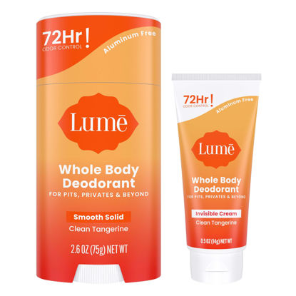 Picture of Lume Whole Body Deodorant - Invisible Cream Tube Mini and Solid Stick - 72 Hour Odor Control - Aluminum Free, Baking Soda Free, Skin Safe - 0.5 Oz Mini Tube + 2.6 Oz Solid Stick (Clean Tangerine)