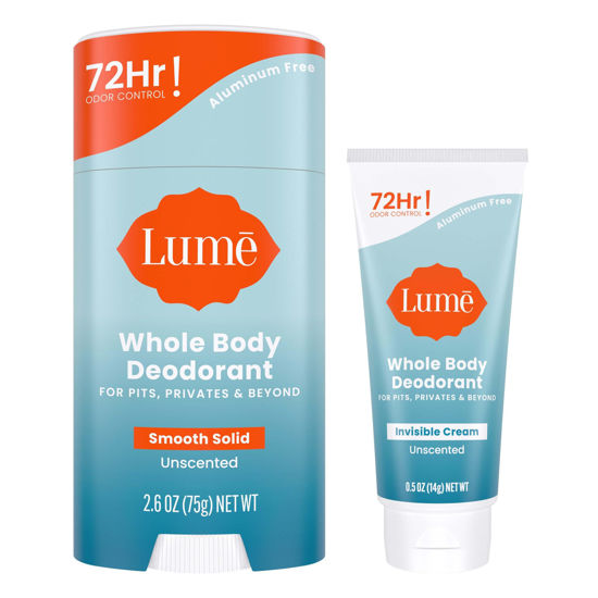 Picture of Lume Whole Body Deodorant - Invisible Cream Tube Mini and Solid Stick - 72 Hour Odor Control - Aluminum Free, Baking Soda Free, Skin Safe - 0.5 Oz Mini Tube + 2.6 Oz Solid Stick (Unscented)