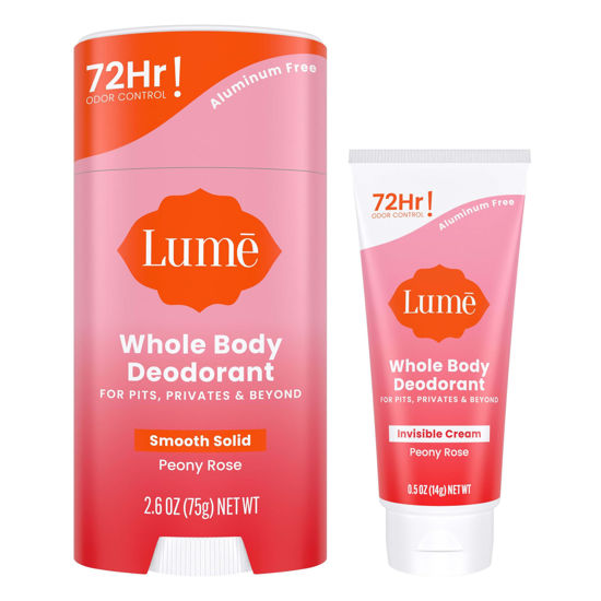 Picture of Lume Whole Body Deodorant - Invisible Cream Tube Mini and Solid Stick - 72 Hour Odor Control - Aluminum Free, Baking Soda Free, Skin Safe - 0.5 Oz Mini Tube + 2.6 Oz Solid Stick (Peony Rose)