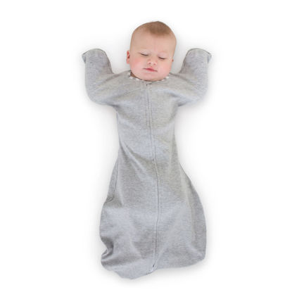 Picture of SwaddleDesigns Transitional Swaddle Sack with Arms Up Half-Length Sleeves and Mitten Cuffs, Better Sleep for Baby, Easy Swaddle Transition, Heathered Gray with Striped Trim, Large, 6-9 Mo, 21-24 lbs