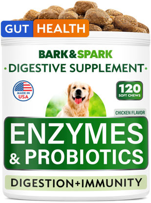 Picture of Bark&Spark Dog Probiotics & Digestive Enzymes (Gut Health) Allergy & Itchy Skin - Pet Diarrhea Gas Treatment Upset Stomach Relief Pill, Digestion Health Prebiotic Supplement Tummy Treat (120Ct Bacon)