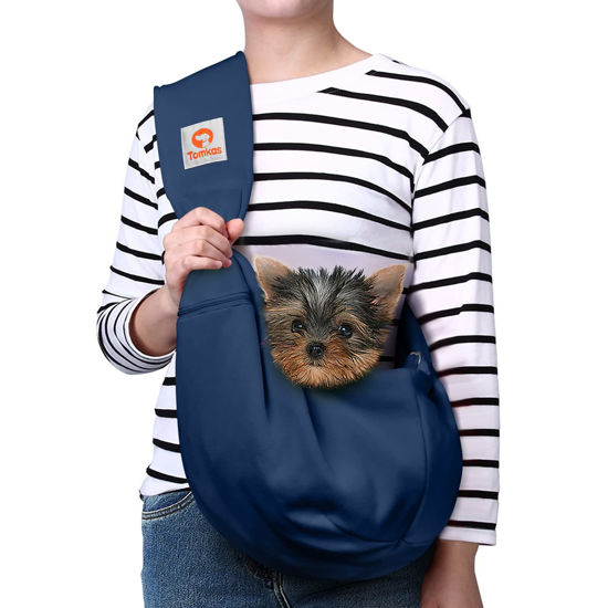 Picture of Tomkas Small Dog Sling Carrier - Adjustable Strap & Zip Pocket - for 3-10 lbs Pets(Dark Blue)