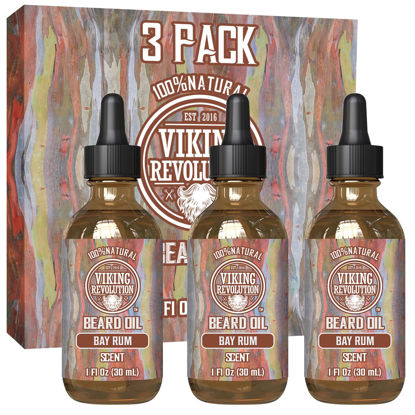 Picture of Viking Revolution Bay Rum Beard Oil for Men - Natural Argan and Jojoba Oil Blend for Softening, Strengthening, and Moisturizing Beards (3 Pack)