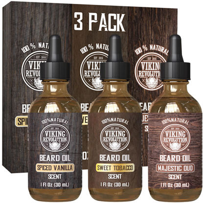 Picture of Viking Revolution Beard Oil for Men 3 Pack - Natural Mens Beard Oil Variety Set - Spiced Vanilla, Sweet Tobacco, Majestic Oud - Beard Conditioning and Moisturizing for a Healthy Beard (3 Pack, 1oz)