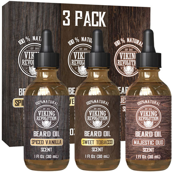 Picture of Viking Revolution Beard Oil for Men 3 Pack - Natural Mens Beard Oil Variety Set - Spiced Vanilla, Sweet Tobacco, Majestic Oud - Beard Conditioning and Moisturizing for a Healthy Beard (3 Pack, 1oz)