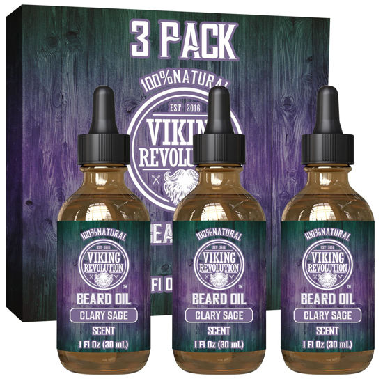 Picture of Viking Revolution Beard Oil for Men - Natural Blend with Argan, Jojoba and Clary Sage - Softens, Strengthens, Moisturizes and Conditions Beards (3 Pack)