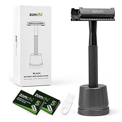 Picture of Safety Razor for Men, Butterfly Open Safety Razor with a Razor Stand, Men's Razor with a Texture Handle, Eco Razor, Fits All Double Edge Razor Blades, Free of Plastic (Black)