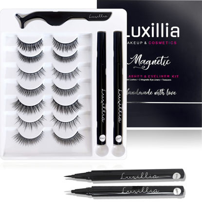 Picture of Luxillia 10 Piece Eyelash Magnetic Lashes with Eyeliner (Clear and Black) - Natural Looking False Magnetic Eyelashes Kit with Waterproof Liquid Liner Applicator, 8D, 3D Look, Reusable Fake Eye Lash