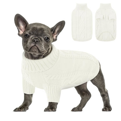 Picture of Queenmore Small Dog Pullover Sweater, Cold Weather Cable Knitwear, Classic Turtleneck Thick Warm Clothes for Chihuahua, Bulldog, Dachshund, Pug (Off White, X-Small)