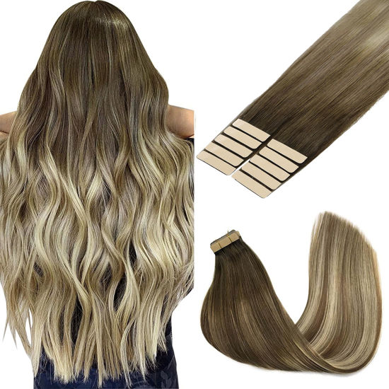 Picture of GOO GOO Tape in Hair Extensions Human Hair, 3/8/613 Balayage Walnut Brown to Ash Brown and Blonde, 14inch 25g 10pcs, Thick Ends Straight Seamless Tape in, Invisible Tape in Hair Extensions Human Hair