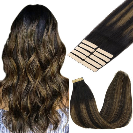 Picture of GOO GOO Tape in Hair Extensions Human Hair, 1B/6/1B Balayage Natural Black to Chestnut Brown, 14inch 25g 10pcs, Thick Ends Straight Seamless Tape in, Invisible Tape in Hair Extensions Human Hair