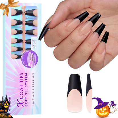 Picture of btartboxnails XCOATTIPS Black French Tip Nails, 300pcs Halloween Black French Tip Press On Nails, XL Long Coffin Black French XCOATTIPS for DIY Nail Art