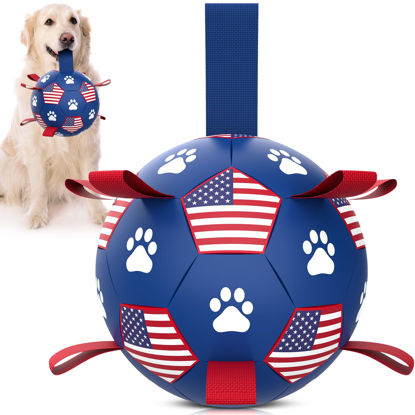 Picture of QDAN Dog Toys Soccer Ball with Straps - Durable Dog Balls for Large Dogs, Beach Pool Dog Water Toy, Dog Tug Toys for Tug of War, Puppy Dog Birthday Gifts (8 Inch)