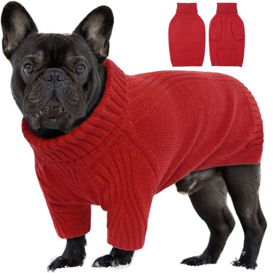 Picture of IECOii Dog Sweater,Dog Sweaters for Medium Dogs Girls Boys,Doggie Sweater Christmas,Pet Sweatshirt Knitwear Outfit for Holiday,KnitTurtleneck Warm Clothes for French Bulldog,Boston Terrier (Red,M)