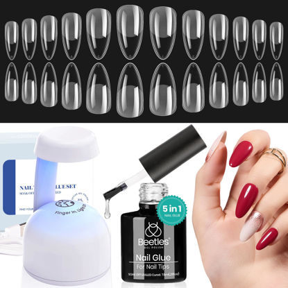 Picture of Beetles Gel Nail Kit Easy Nail Extension Set Etch X Nail Tips 500Pcs Half Matte Pre-filed Medium Almond Nail Tips with 5 in 1 Mutipurpose Glue Gel Base Uv Led Nail Lamp DIY Manicure Art