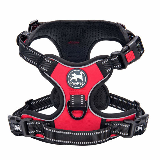 Picture of PoyPet No Pull Dog Harness, No Choke Front Clip Dog Reflective Harness, Adjustable Soft Padded Pet Vest with Easy Control Handle for Small to Large Dogs(Red,M)