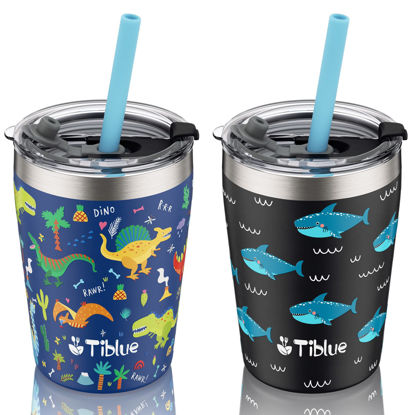 Picture of Tiblue Kids Cup - Spill Proof Vacuum Stainless Steel Insulated Tumbler for Toddler - BPA FREE Smoothie Baby Drinking Cup with Leak Proof Lid & Silicone Straw with Stopper (2 Pack, 8oz Dinosaur+Shark)