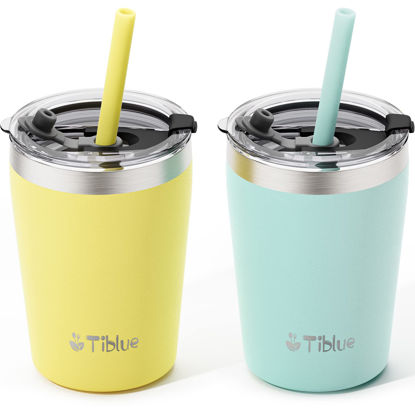 Picture of Tiblue Kids & Toddler Cup - 2 Pack 8oz Spill Proof Stainless Steel Insulated Tumbler with Leak Proof Lid & Silicone Straw with Stopper - BPA FREE Snack Smoothie Baby Drinking Cup for Girls Boys