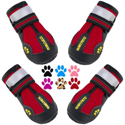 Picture of QUMY Dog Shoes for Large Dogs, Medium Dog Boots & Paw Protectors for Winter Snowy Day, Summer Hot Pavement, Waterproof in Rainy Weather, Outdoor Walking, Indoor Hardfloors Anti Slip Sole Red Size 1