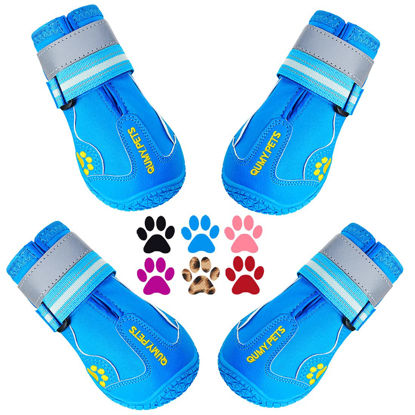 Picture of QUMY Dog Shoes for Large Dogs, Medium Dog Boots & Paw Protectors for Winter Snowy Day, Summer Hot Pavement, Waterproof in Rainy Weather, Outdoor Walking, Indoor Hardfloors Anti Slip Sole Blue 7