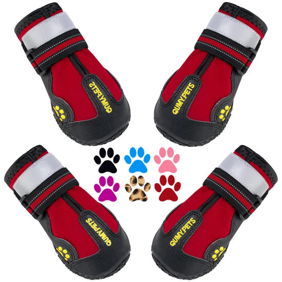 Picture of QUMY Dog Shoes for Large Dogs, Medium Dog Boots & Paw Protectors for Winter Snowy Day, Summer Hot Pavement, Waterproof in Rainy Weather, Outdoor Walking, Indoor Hardfloors Anti Slip Sole Red Size 3