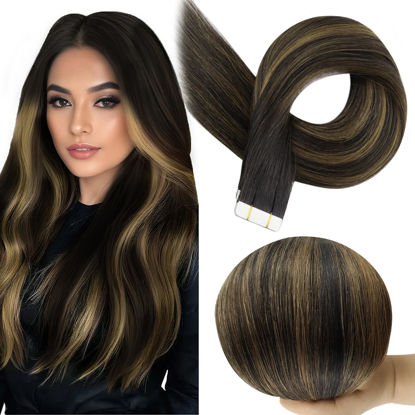 Picture of Full Shine Tape in Extensions Human Hair Color 1B/6/1B Black And Brown Tape in Hair Extensions 12 Inch Short Straight Hair 30Gram Hair Extensions Tape in 20Pcs Seamless Tape Hair for Women