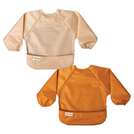 Picture of Tiny Twinkle Mess Proof Baby Bib, 2 Pack Long Sleeve Bib Outfit, Waterproof Bibs for Toddlers, Machine Washable, Tug Proof (Sand Cinnamon, Large 2-4 Years)