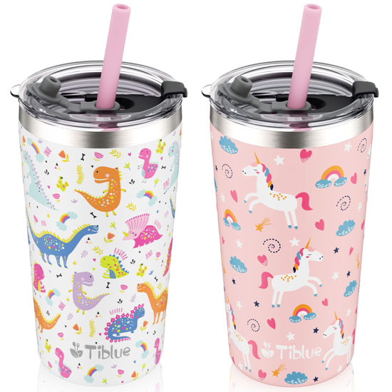 Picture of Tiblue Kids Cup - Spill Proof Stainless Steel Insulated Tumbler for Toddler Girls Boys -BPA FREE Smoothie Drinking Cup with Leak Proof Lid & Silicone Straw with Stopper (2 Pack, 12oz Unicorn+Dinosaur)