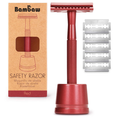 Picture of Bambaw Double Edge Safety Razor with Stand, Safety Shaving Razor with 5 Double Edge Safety Razor Blades, Eco-Friendly Razor for Shaving - Red